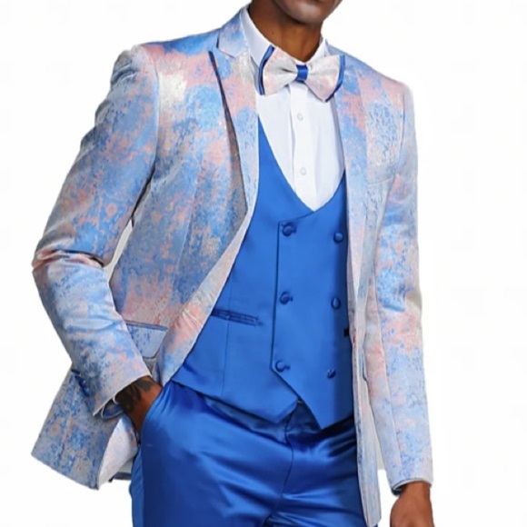 Tazzio Bespoke Europe Rose Gold Metallic Blue Skinny Fit Blazer Jacket 36S - Picture 1 of 11